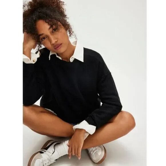 Free People Luna Pullover Sweater Black Crew Neck Relaxed Fit Black Medium - Picture 1 of 5